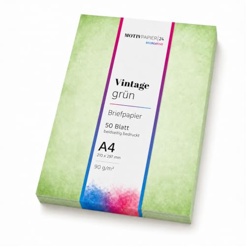 50 Blatt Briefpapier (A4) Vintage Retro grün | edles Design Papier | grünes Motivpapier beidseitig bedruckt | Bastelpapier | 90 g/m² zum Basteln oder als Einladung