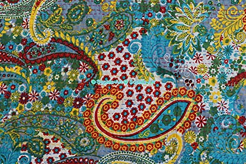 Sophia-Art Kantha Quilt Indien Fait Main en Coton - Couverture King/Twin avec Motif Cachemire - Couvre-lit Bohème pour Lit et Canapé (Gris, Twin 60 * 90 Pouces)