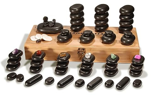 Master Massage Hot Stone Set 100% basalt stenar för SPA kroppsmassage med bambulåda (70 st)