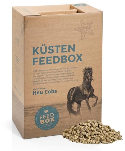 STRÖH Küsten-Heu-Cobs (30kg Feedbox) Pferd • Frisches Ostseegras für Pferde • Heu gepresst in Pellets • Heucobs Pferdefutter