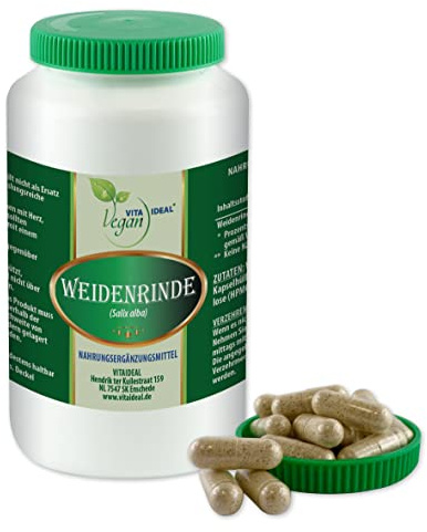 VITA IDEAL Vegan® WEIDENRINDE 120 KAPSELN - Salicis alba Cort - Salicaceae - Tagesportion 460mg - Silber - WEIDEN - RINDE reines Pulver. Pflanzlich, natürlich & ohne Zusatzstoffe.