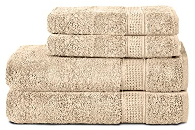 Komfortec 4er Handtuchset aus 100% Baumwolle, 2 Handtücher 50x100 cm und 2 Badetücher 70x140 cm Set, Frottee, Weich, Sand/Beige