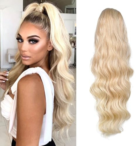 YEESHEDO Pferdeschwanz Haarteil Clip Extensions mit Kordelzug Lang Wellig Blond Haarverlängerunge Natürliche Perücke Afro Lockige Ponytail fuer Zopf (Farbe: 24/613#)