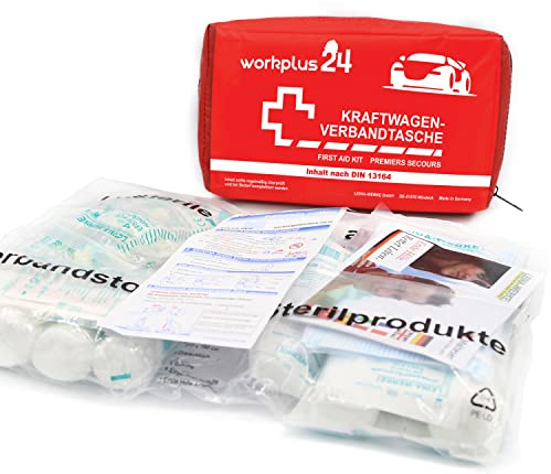 Verbandtasche Inhalt nach DIN 13164, Verbandtasche Auto, KFZ Verbandtasche, Verbandtasche motorrad, Erste Hilfe Kit mit Klettverschluss, Wasserdichter Beutel, Farbe: Rot