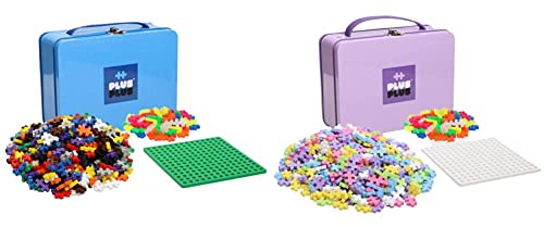 Plus-Plus 9607002 Geniales Konstruktionsspielzeug, Basic, bunt & 9607003 Geniales Konstruktionsspielzeug, Pastel, Bausteine-Set in praktischer Metall-Box mit Henkel, 600 Teile