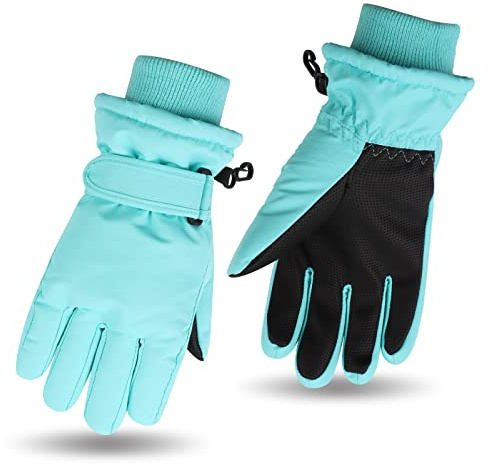 Pesaat Waterproof Kids Winter Gloves Cartoon Boys Girls Snow Mittens Warm Outdoor Ski Gloves with Fleece Lining (Solid Green, 9-13 Years)