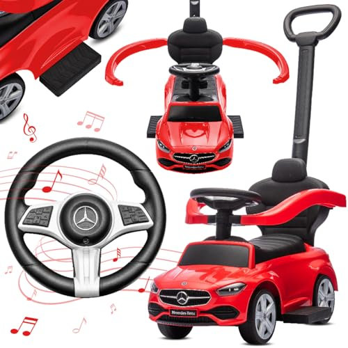 sun baby Rutschauto ab 1 Jahr Mercedes C-Class, Kinderfahrzeug für Jungen und Mädchen mit hohe Rückenlehne, Audio-Lenkrad, ausziehbare Fußstützen, Staufach (Rot)