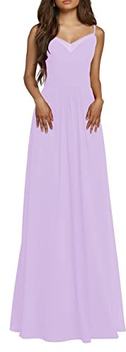 Vestidos de dama de honor de gasa larga sin mangas fuera del hombro correas espagueti piso longitud dama de honor vestidos una línea, Lila, 48