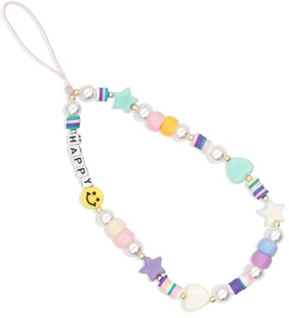 clover Beaded Phone Charm, Smiley Face Beaded Phone Lanyard Wrist Strap Fruit Letter Pearl Rainbow Handmade Clay Beads Anti Lost Phone Chain Keychain for Women Girls