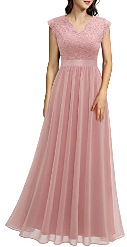 Dressystar Damen Abendkleider Elegant für Hochzeit Brautjungfernkleider Spitze Chiffon Maxi Lang Ballkleider Ärmel Blush S