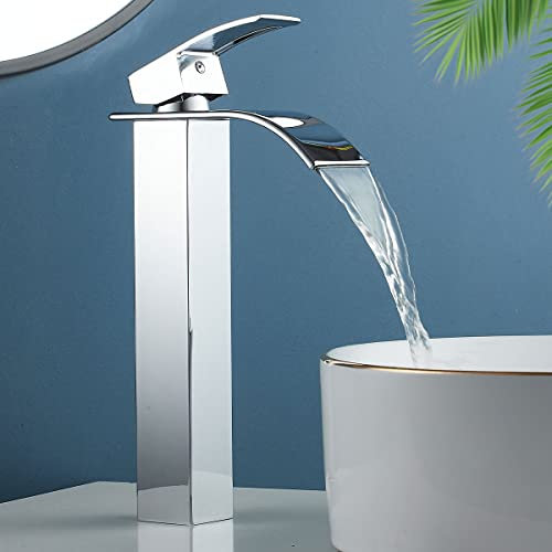 Maynosi Robinet Salle de Bain, Robinet Lavabo Cascade Haut, Haut Mitigeur Vasque à Poser Salle de Bain, Grand bec Cascade Carré au Design Moderne, Robinet Chaud et Froid Avec Tuyaux G 3/8 (Chromé)