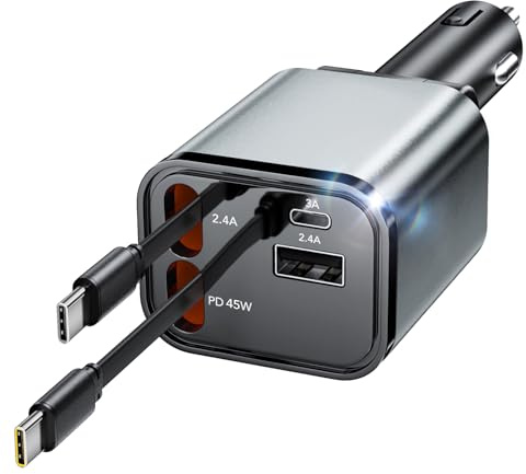 84W Upgraded Retractable Car Charger Adapter for iPhone 17,4 in 1 Fast Charging Car Phone Charger,USB C Car Truck Accessories,Road Trip Essentials Gift for Men for iPhone 17/16/15,Galaxy S26,Pixel 10