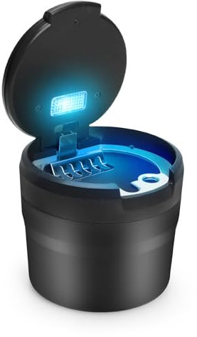 LYCXAMES Auto Aschenbecher, Tragbarer Edelstahl Fahrzeug Rauchfreien Aschenbecher Zigarette mit Deckel & LED Beleuchtet für Autos Vans Outdoor Camping, Schwarz