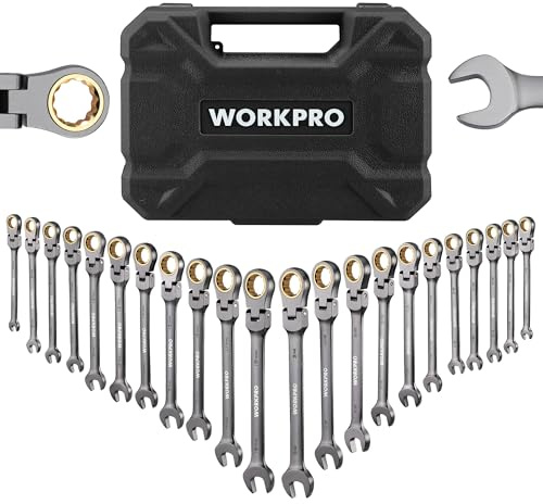 WORKPRO 22-Piece Flex-Head Ratcheting Wrench Set, Ratchet Combination Wrench Sets with Organizer Box, Nickel Plating, 72 Teeth, Metric 6-18mm & SAE 1/4-3/4