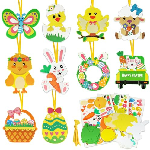 Decorazioni Pasquali Bambini,10 Pezzi Fai da Te Ghirlanda Pasquale Pulcini Conigli,Kit Decorazione Uova di Pasqua,Decorazioni Pasquali da Appendere Ciondolo,Set di Artigianato Primavera per Bambini