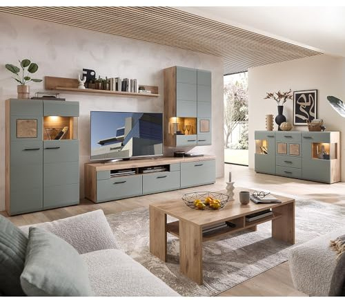 Lomadox Wohnwand Wohnmöbel Set Eiche mit Schilfgrün 7-teilig Modern, 1 Highboard, 1 Wandboard, 1 Lowboard (2-teilig), 1 Hängevitrine, 1 Couchtisch, 1 Sideboard inkl. Beleuchtung