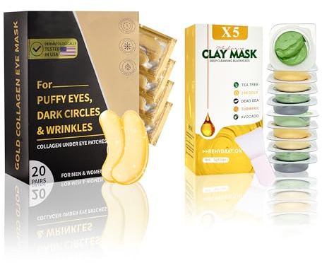Clay Mask Set (10 Pods) Gold Eye Patches (20 Pairs), Mud Mask Deep Pore Cleansing Acne Blackhead Removal, Eye Patches for Puffy Eyes Dark Circles, Men & Women Facial Mask Eye Masks Skin Care.