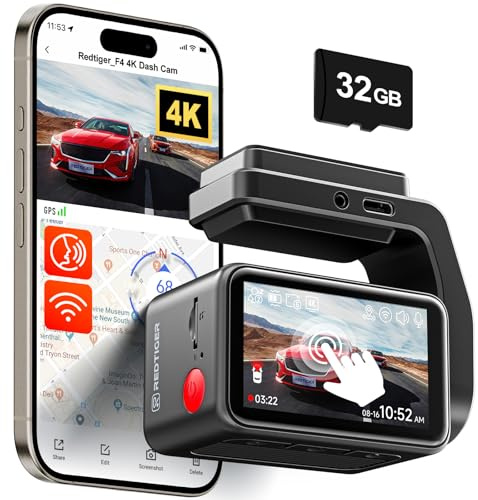 REDTIGER F4 4K Dashcam Auto Vorne, Touchscreen, Sprachsteuerung, 32GB Karte | 2,2 Zoll Mini Auto Kamera, Nachtsicht, WiFi, APP Steuerung, Schleifenaufzeichnung, 24-Stunden-Parküberwachung