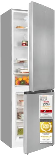 Exquisit Kühl-Gefrierkombination 315 l, 185 cm - Inoxlook, Energieklasse C | Freistehend, 219 l Kühlen + 96 l Gefrieren, 4-Sterne-Gefrierfach, 40 dB leise, wechselbarer Türanschlag, LED