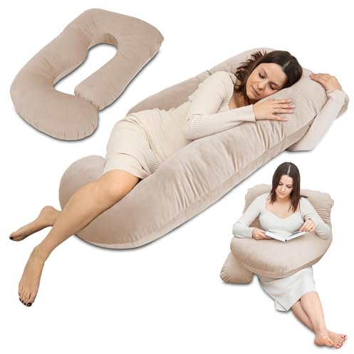 Totsy Baby Schwangerschaftskissen stillkissen XXL Seitenschläferkissen Pregnancy Pillow groß komfortkissen J Form Lagerungskissen schlafkissen mit abnehmbarem Bezug Seitenschläfer 180 cm Beige