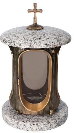 Vershy Grablaterne Granit Königsrosa Höhe 23 cm/Ø 15 cm Stilvolle Granitlaterne Elegant Grablampe Grablicht Grableuchte Bronze mit sockel