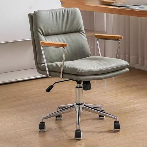 YCKEGEW Retro-Drehstuhl Mit Rädern, Mid Back Ergonomic Bürostuhl Home Computer Stuhl Mit Holz Armlehne, Kunstleder-Schreibtischstuhl Höhenverstellbar(Grey,Sliver Base)