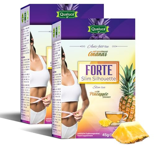 Qualuca® Slim Silhouette Forte Schlankheits-Tee mit Ananasgeschmack | Sennesblätter | Grüner Tee | Packung mit 2 | 60 Teebeutel