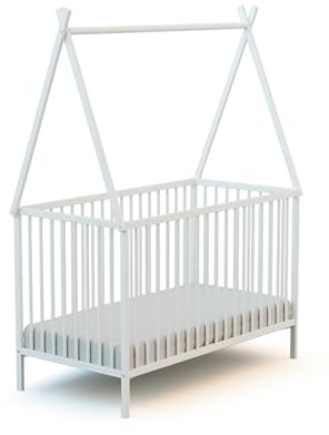 Webaby - Babybett Holz Tipi-Bett 60x120 Weiß ONE | Kinderbett |Kinderbett | Von Geburt an | Lattenrost inklusive | Bett mit Gitterstäben | Verstellbarer Lattenrost in 3 Höhen