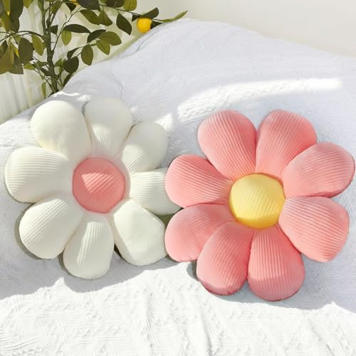 Duscdesp 2 Pcs Flower Pillow,38cm Cute Pillows Floor Cushion 38cm Flower Cushion,Floor Pillow Floor Cushions for Kids Girls,Aesthetic Room Sofa Chair Decor (Pink+White, 38CM)