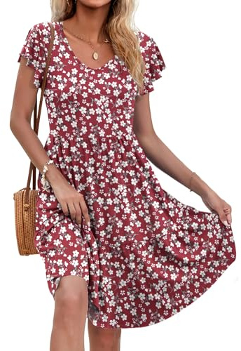 AUSELILY Women UK Summer Midi Dress with Pocket Red Flowers 2XL