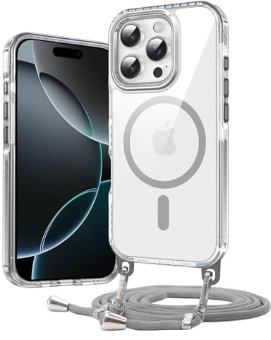 Galful Magnetische für iPhone 16 Pro Hülle mit Band,Transparente Handykette Handyhülle iPhone 16 Pro Case mit Schnur TPU+PC Hardcase Abnehmbar Necklace Schutzhülle für zum Umhängen Cover-Grau