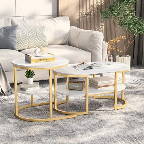 Générique Ensemble de 2 Tables Basses Rondes et Ovales, Ensemble de Tables Basses Modernes, Placage de Marbre, Structure en Métal, Table Basse pour Salon, Balcon et Bureau, Couleur Or