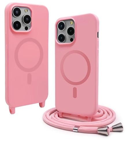 CUZZCASE Cover compatibile con iPhone 13 mini(5.4),Cover Magnetica[Compatibile con MagSafe],Bumper con Laccio,regolabile Lanyard TPU Corda Silicone Case-Rosa Scuro