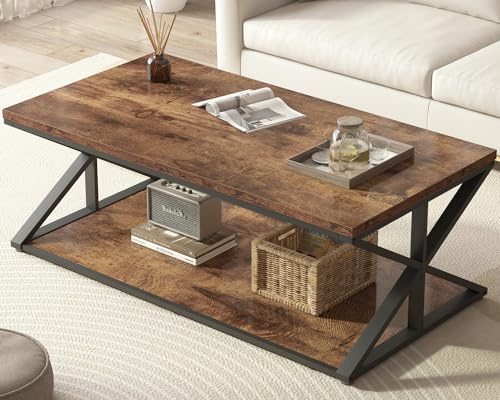 Mudmasa Couchtisch Holz Wohnzimmertisch mit Stauraum Sofatisch Kaffeetisch Beistelltisch Holztisch Couchtisch Modern für Wohnzimmer Metallrahmen Vintagebraun-Schwarz, 120 x 60 x 45 cm