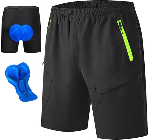 KPSUN Short de VTT rembourré 3D pour Homme - Séchage Rapide - Léger | Coussinet 3D à 6 couches pour éviter les douleurs à la selle. 4 poches zippées pour plus de sécurité. Short de cyclisme ample