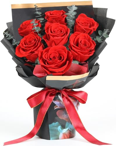 Jtoder Preserved Flowers Bouquet 7 Roses, Forever Flower for Delivery Birthday Anniversary Wedding, Eternal Real Roses Bouquets with Gifts Box for Women Wife Mother Day, Red