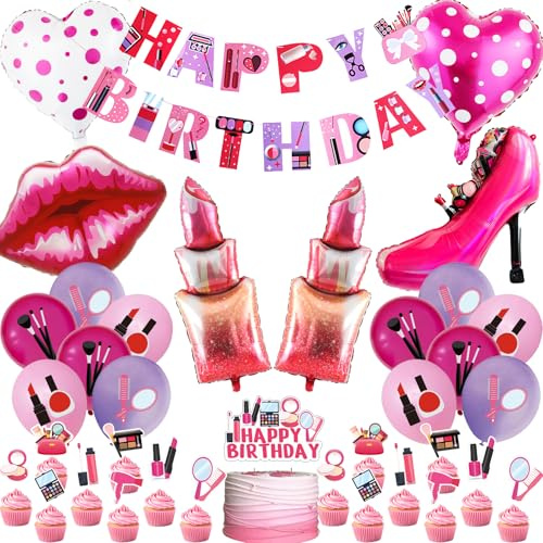 Makeup Birthday Party Decoration Girls - 36 Pcs Spa Party Banner Balloons Cake Toppers Lipstick Lips Foil Heart High Heels Balloon Supplies For Girl Women Ladies Make Up Birthday Bridal Showers