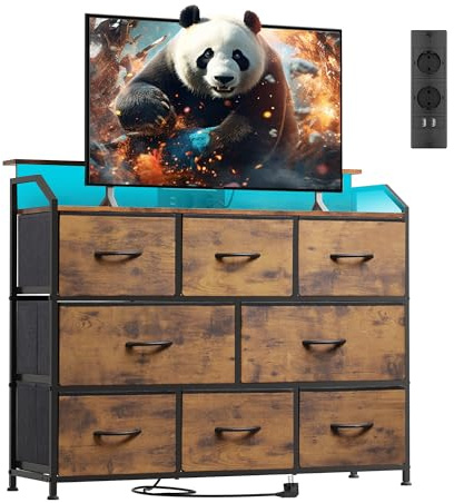 WLIVE Kommode mit Schubladen, komode Schlafzimmer mit 8 Stoffschubladen | Kommoden & Sideboards mit LED und Ladestation, Holzplatte und Stabiles Stahlgestell für Wohnzimmer, Vintagebraun-Schwarz