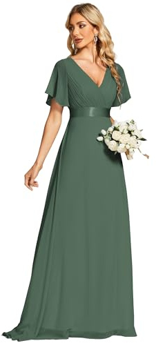 Ever-Pretty Women's Double V-Neck Short Flutter Sleeves Empire Waist Elegant Chiffon Long Evening Dresses Eucalyptus 16UK