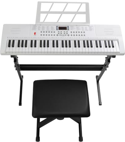 LALAHO Clavier Piano 61 Touches avec Support de Clavier, Banc de Piano, Piano Numérique avec Casque, Pupitre, Microphone, Écran LED, pour Débutants (Blanc)