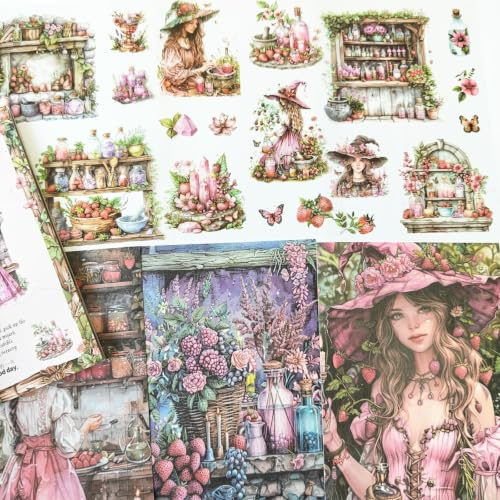 Magic Scrapbook-klistermärken i set, 20 ark klippbok tillbehör klistermärken för journaling, skräpdagbok, bulletjournal, anteckningsbok, telefonfodral, fotoram (rosa bär)