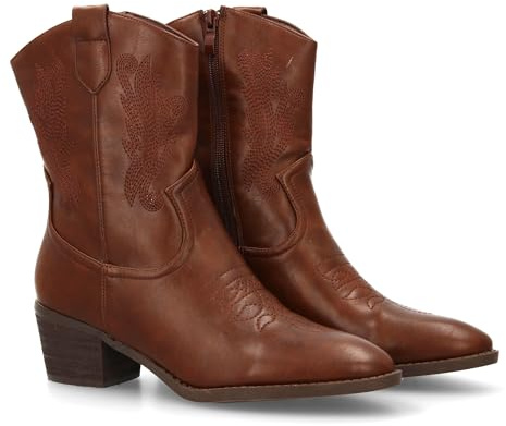 shoes&blues.es 95381 Botin Cowboy con Bordados Laterales y Punta Fina. Tacon Ancho Comodo, Ideal para Mujer en Temporada Otono Invierno. Marron Talla 36