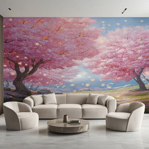 Generico Carta da Parati Fiori di Ciliegio, 260X175cm, Carta da Parati Tessuto Non Tessuto Rosa Fiori Lucciola, Camera da Letto Decorazioni Parete Soggiorno Decorazione Cucina Décor EL&D55