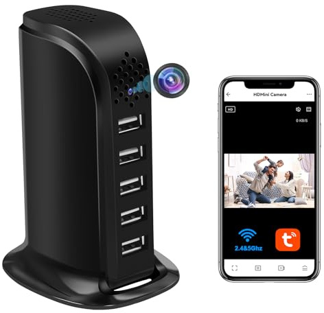 YCCNIU 5G WiFi spionkamera 1080P mikro-spionkamera, mini trådlös dold kamera, 5 USB-portar laddare dold spionkamera stöder rörelsedetektering och loopinspelning för fjärrapp