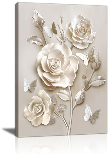 Creme Weiß Rose Blumen Leinwand Bilder Mit Rahmen, Blühende Blumen Schmetterling Bild Auf Leinwand Weiß Blumig Wandbilder Poster Zuhause Wanddeko für Badezimmer Büro Wohnzimmer Schlafzimmer 30x40cm