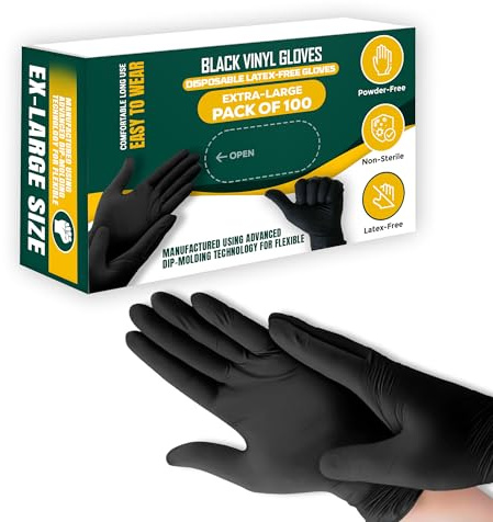 TB1 Products Black Vinyl Disposable Gloves Extra Large | 100 Pack | Powder-Free & Latex-Free Gloves for Cooking, Cleaning, Salon, Tattoo, Car Detailing & Home Use