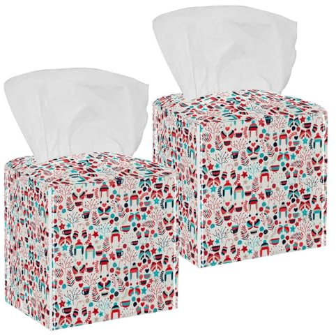 Lot de 2 boîtes à mouchoirs carrées en cuir à motif floral de Noël pour l'hiver, les gants, les chapeaux, les tasses à thé, les biscuits, les mouchoirs en cuir, distributeur de papier pour coiffeuse