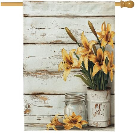 Bandera de casa de flores de lirio de día de primavera de 28 x 40 pulgadas, doble cara para decoración exterior, bandera de lona para patio delantero, bandera de campo al aire libre para patio trasero