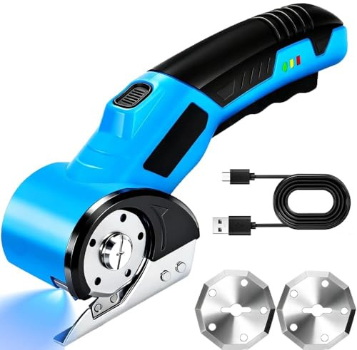 Kartonschneider Elektrischer Schere, 4V Rollschneider Elektrisch mit 2 Elbstschärfender Klinges, 3 Geschwindigkeitsstufen Kartonschneider mit LED-Licht für Papier Teppich Leder Filz Kunststoff