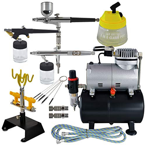 AIRBRUSH-SET UNIVERSAL II=DAS KOMPLETT-SET mit Airbrush Kompressor, hochwertigen PISTOLEN, HALTER, Kompressor-3L TANK, SCHNELLKUPPLUNGEN CLEANING POT, Schlauch und Reinigungsbürsten
